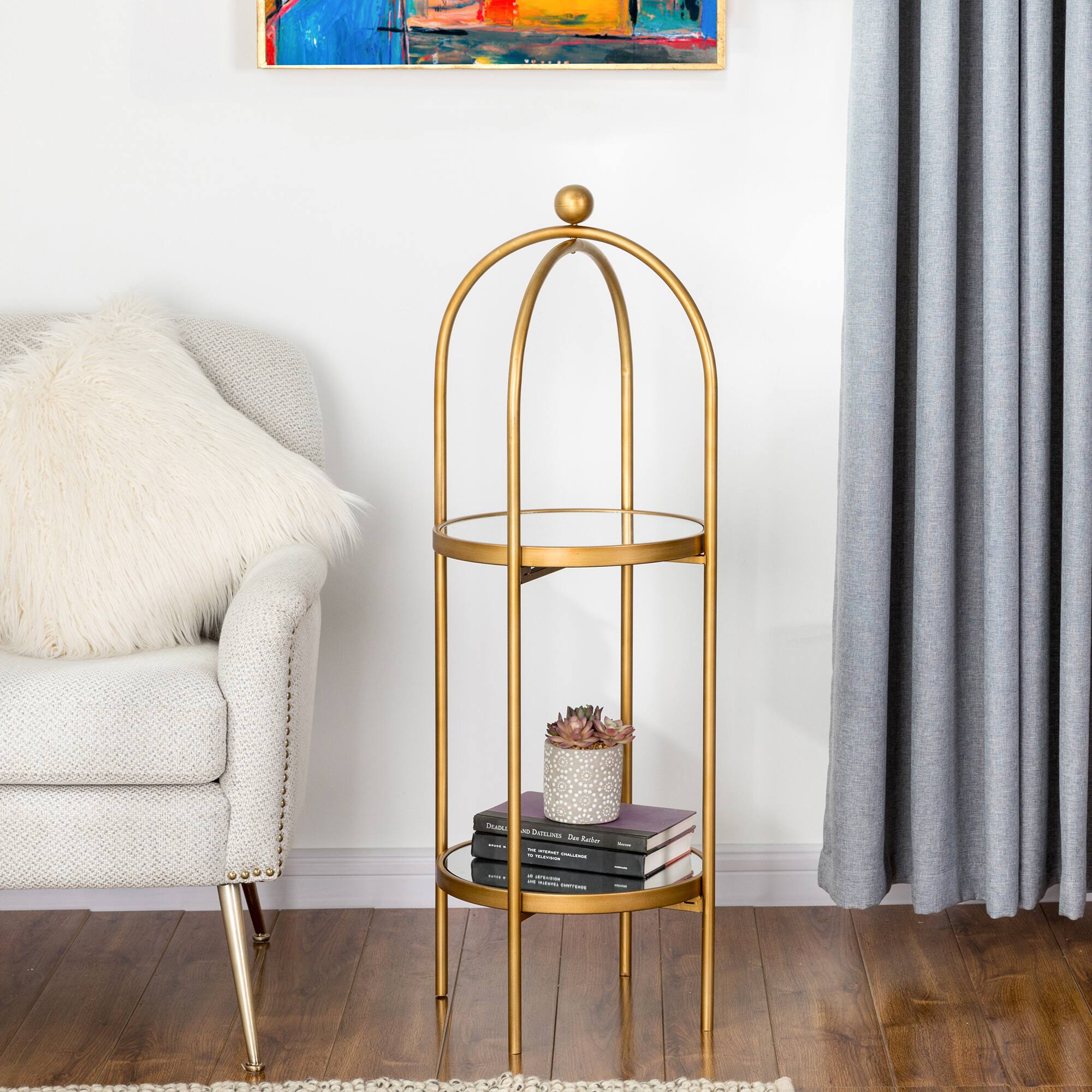 Glitzhome® 42" Gold Regency Modern 2-Tier Mirror Organizer Floor Shelf